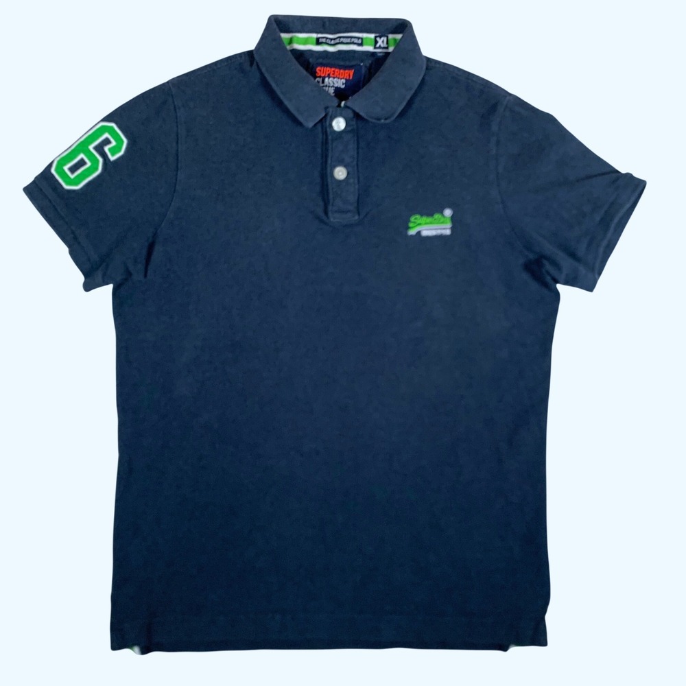 Superdry Classic Pique Polo Mens XL Navy Blue Embroidered Sleeve Patch Preppy